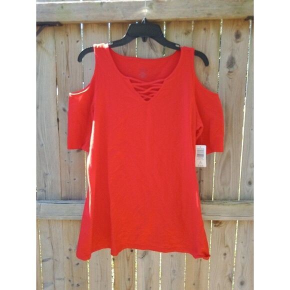 Torrid Red Strappy Foxy Tee Cold Shoulder T-Shirt Women's 2 (2X 18/20) #14777235 - Picture 4 of 8